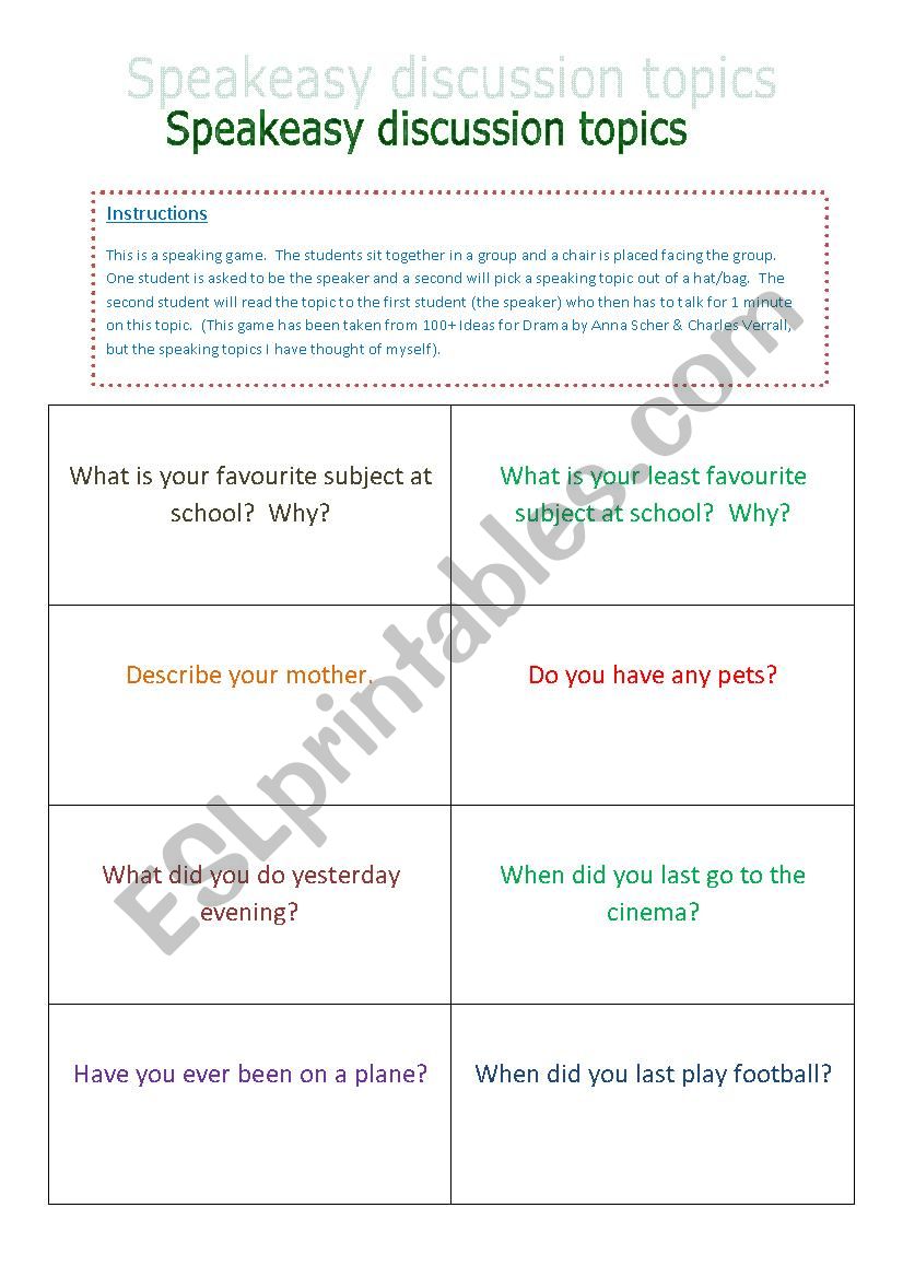 Speakeasy discussion game worksheet