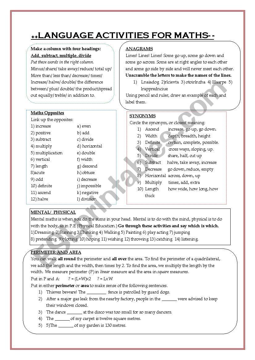 Language Activities for maths worksheet