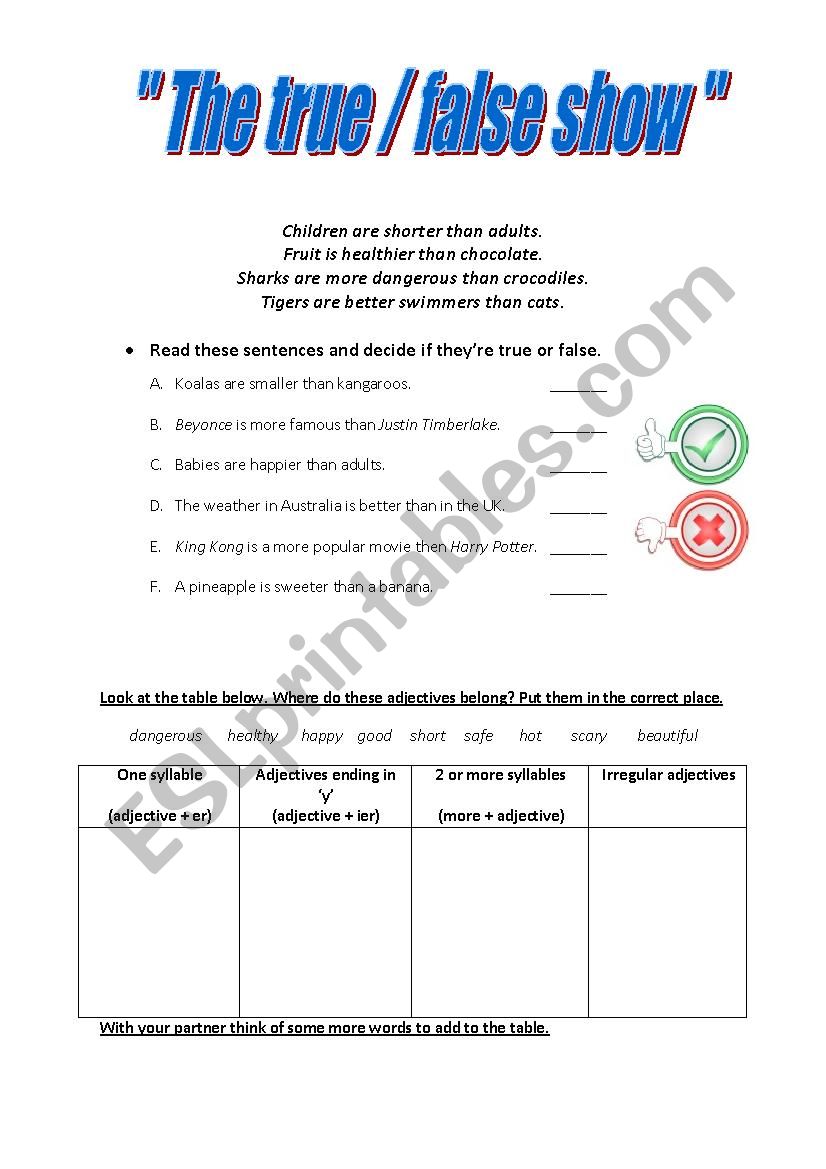 Comparative adjectives using true/false