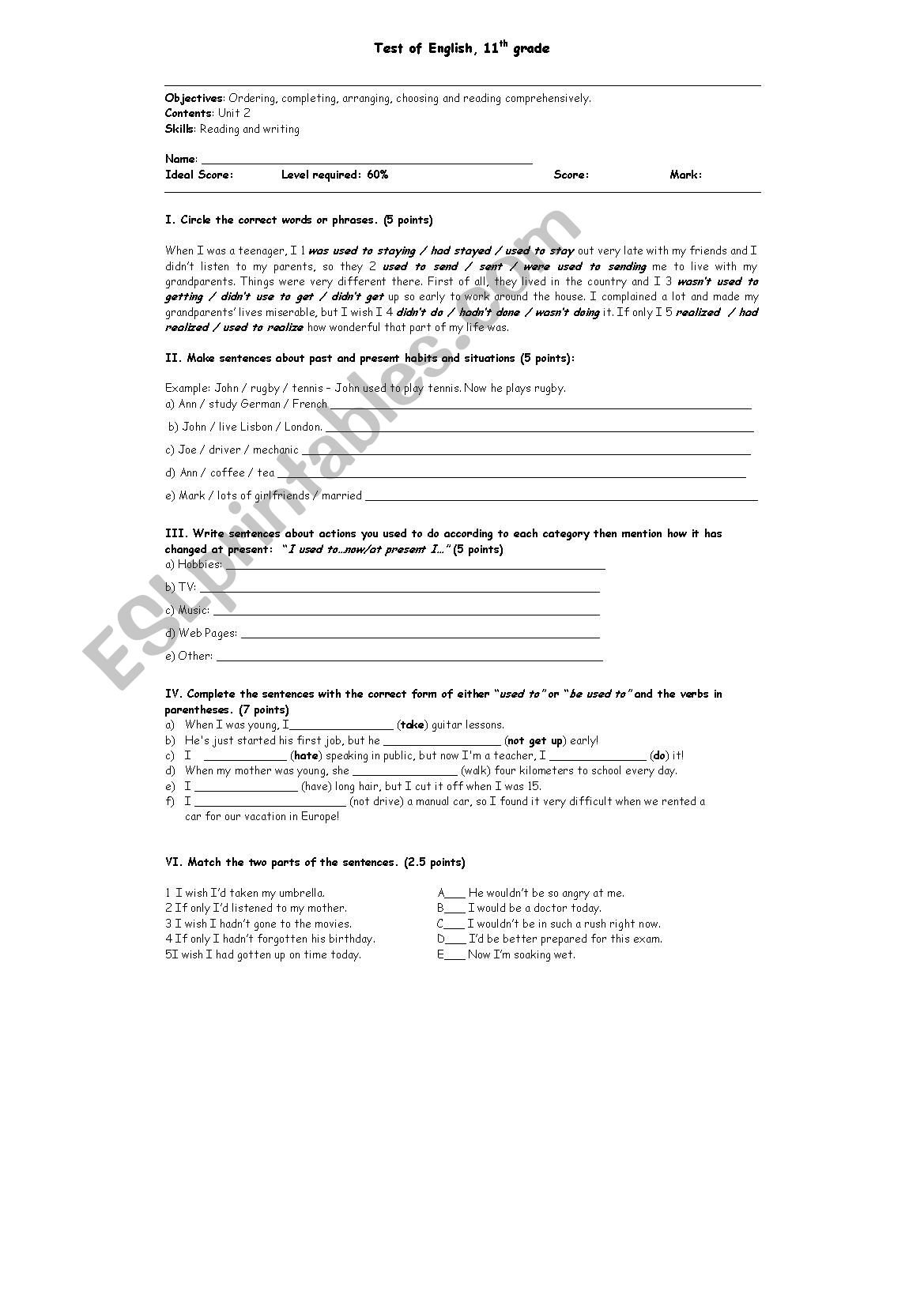 Test of English worksheet