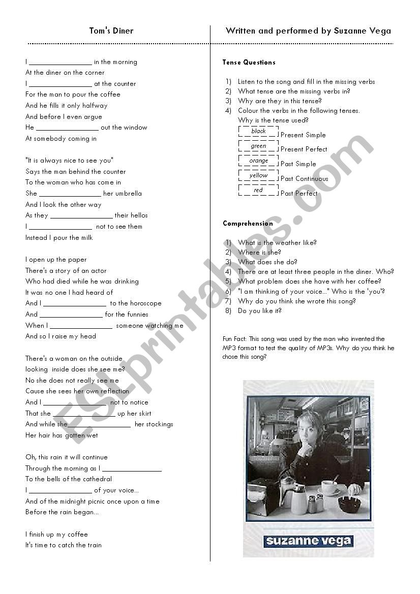 Suzanne Vega Toms Diner worksheet