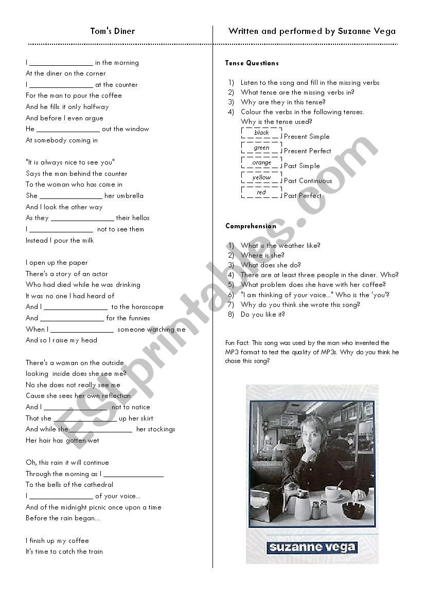 Suzanne Vega Toms Diner worksheet