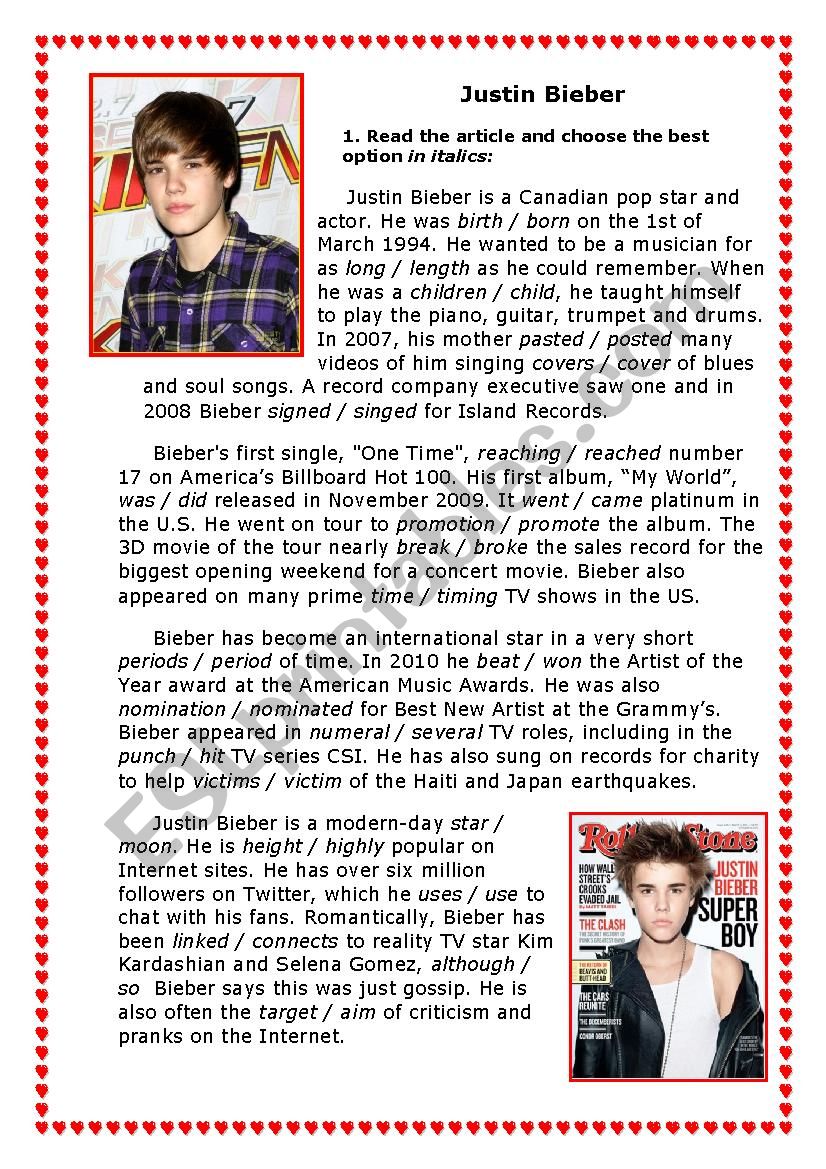 Justin Bieber worksheet