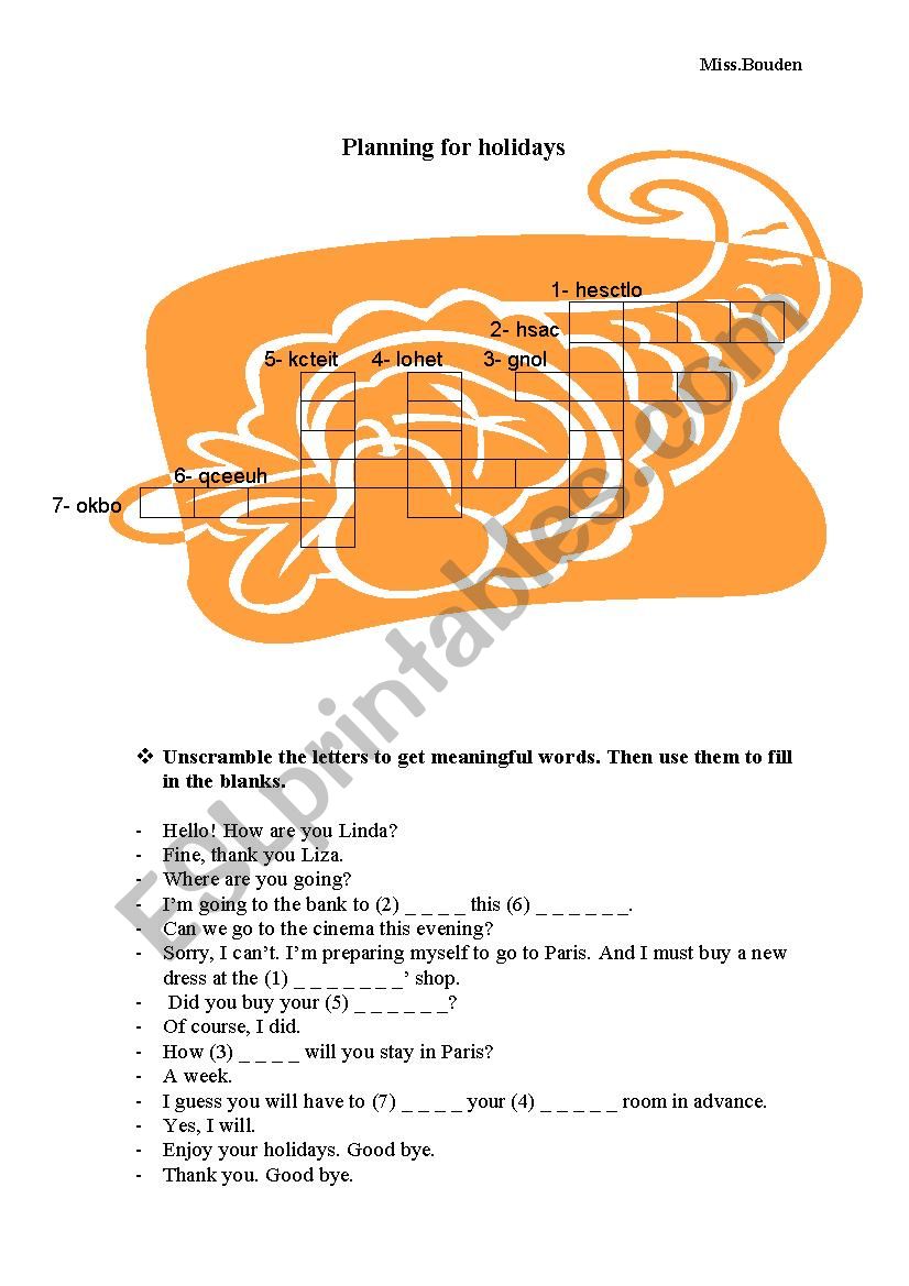 Planning for holidays worksheet