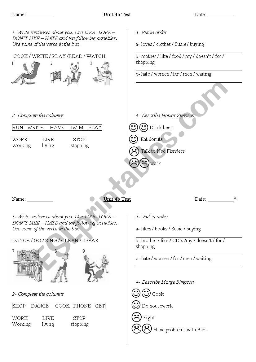 Test: likes and dislikes + ing gerund