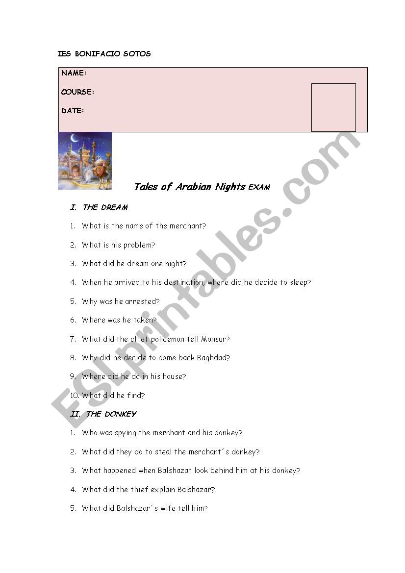 Tales of Arabian Nights exam worksheet