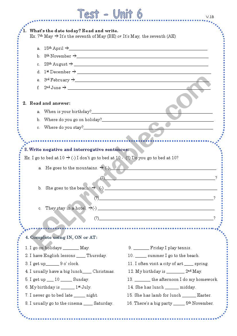 simple present, prepositions of time, ordinal numbers test