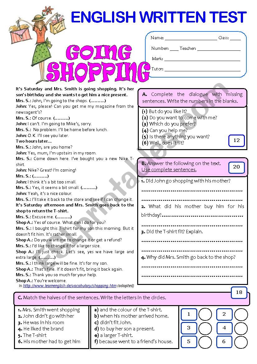 GOING SHOPPING (Test - 7th grade) + key