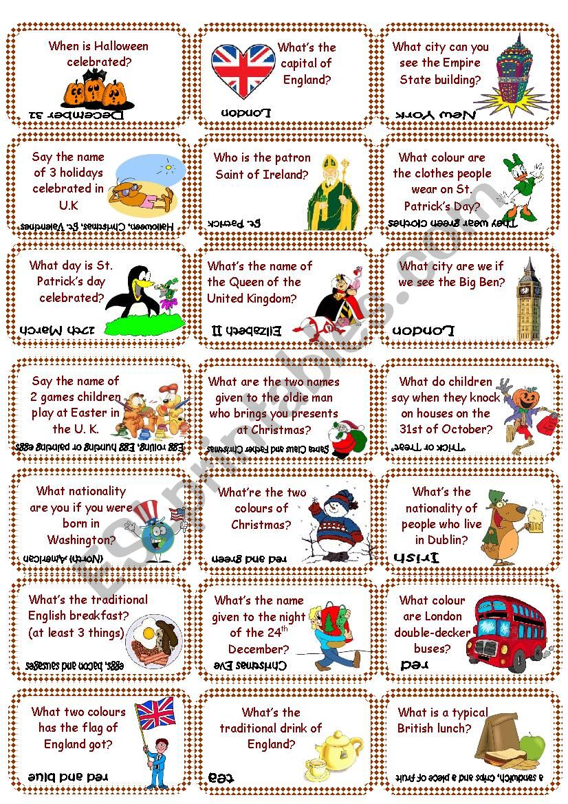 American & British culture Game cards (set 1)