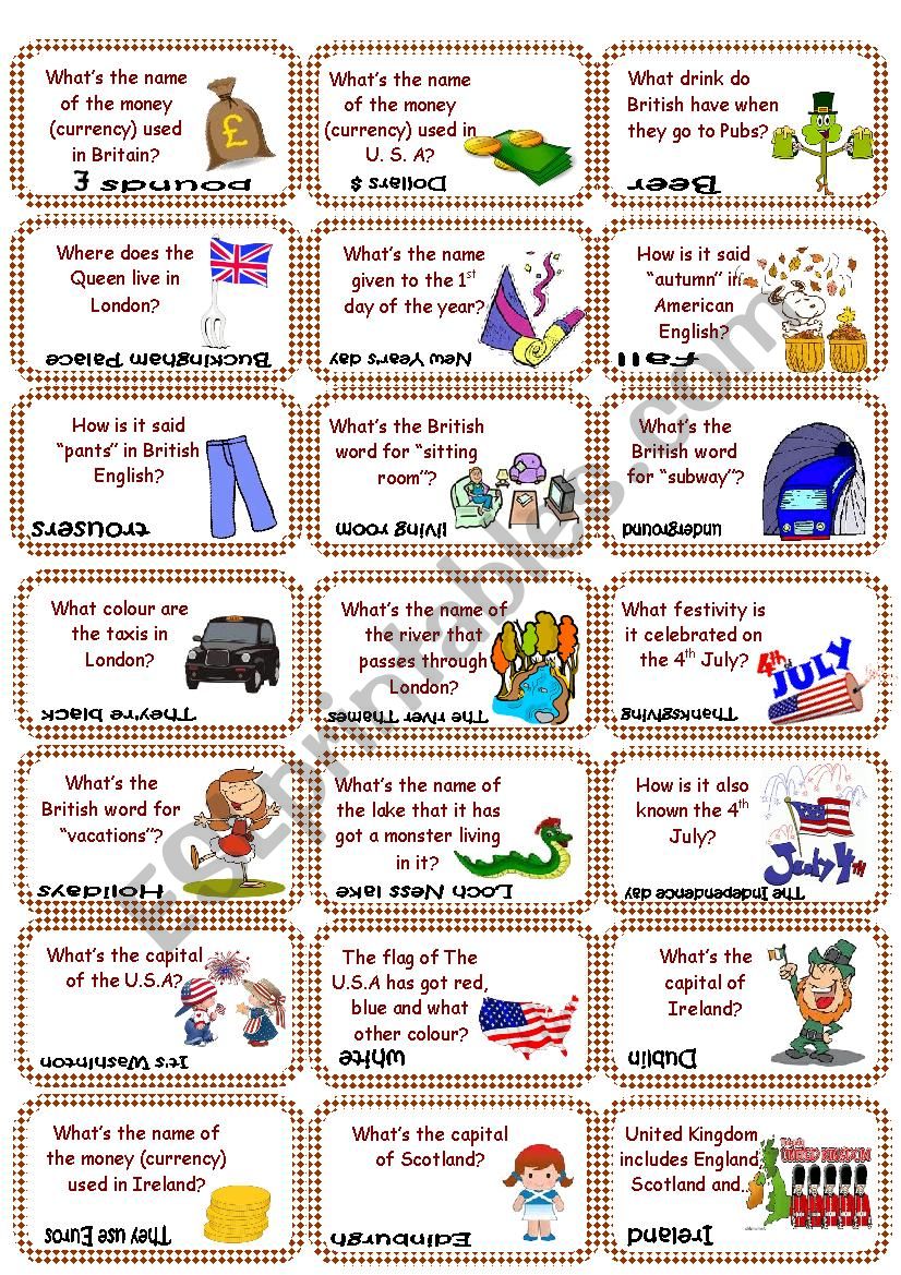 American & British culture Game cards (set 2)