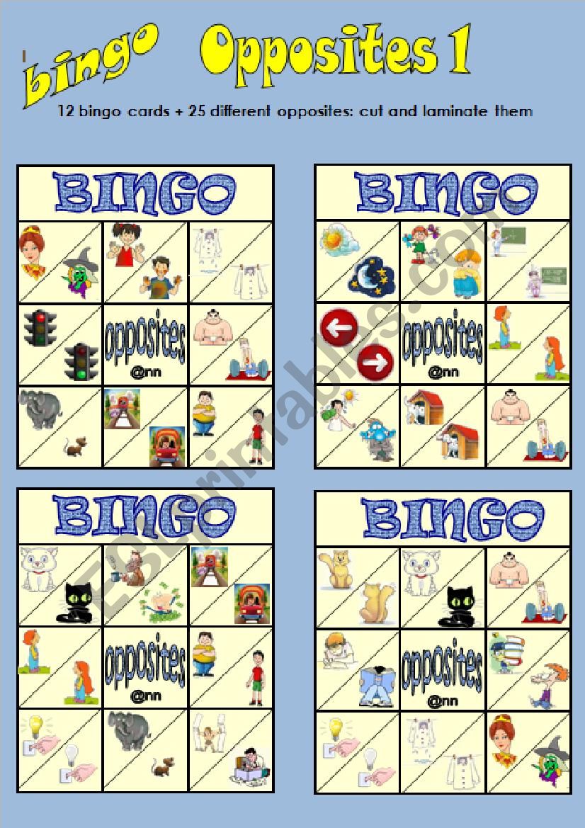 BINGO OPPOSITES 1   1/2 worksheet