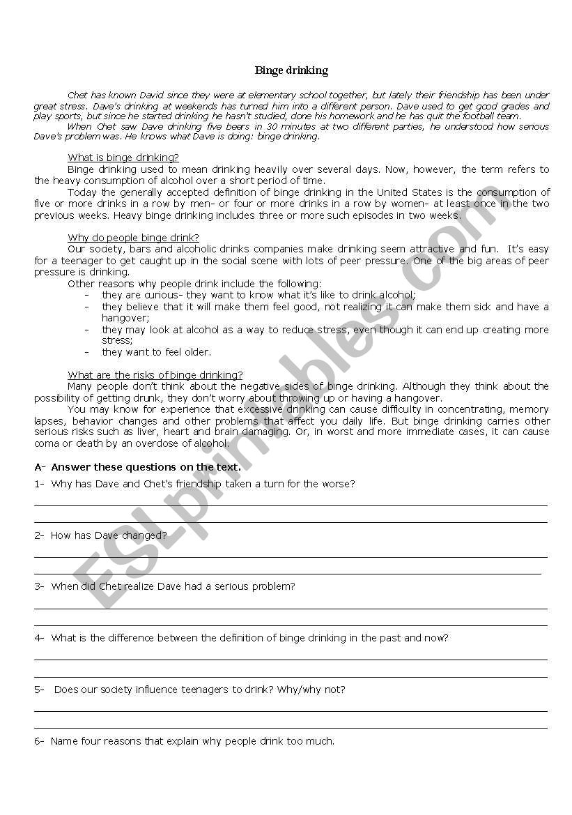 Binge drinking worksheet