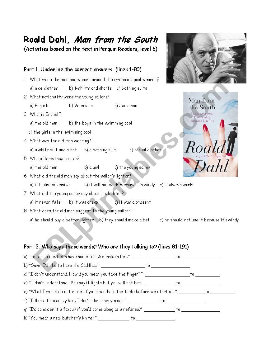 Man from the South by Roald Dahl - Activity worksheet