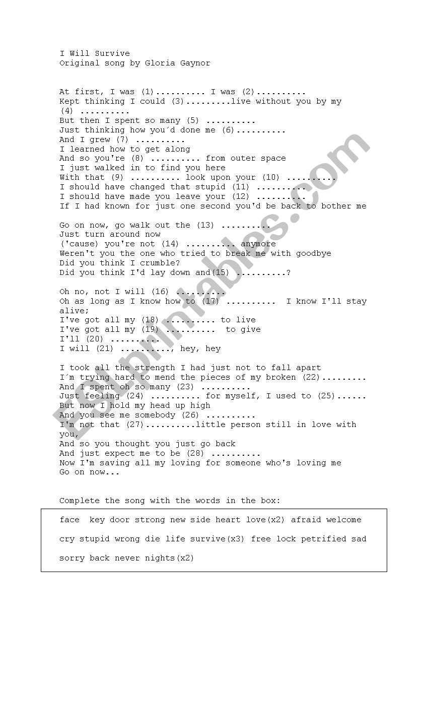 I will survive worksheet worksheet