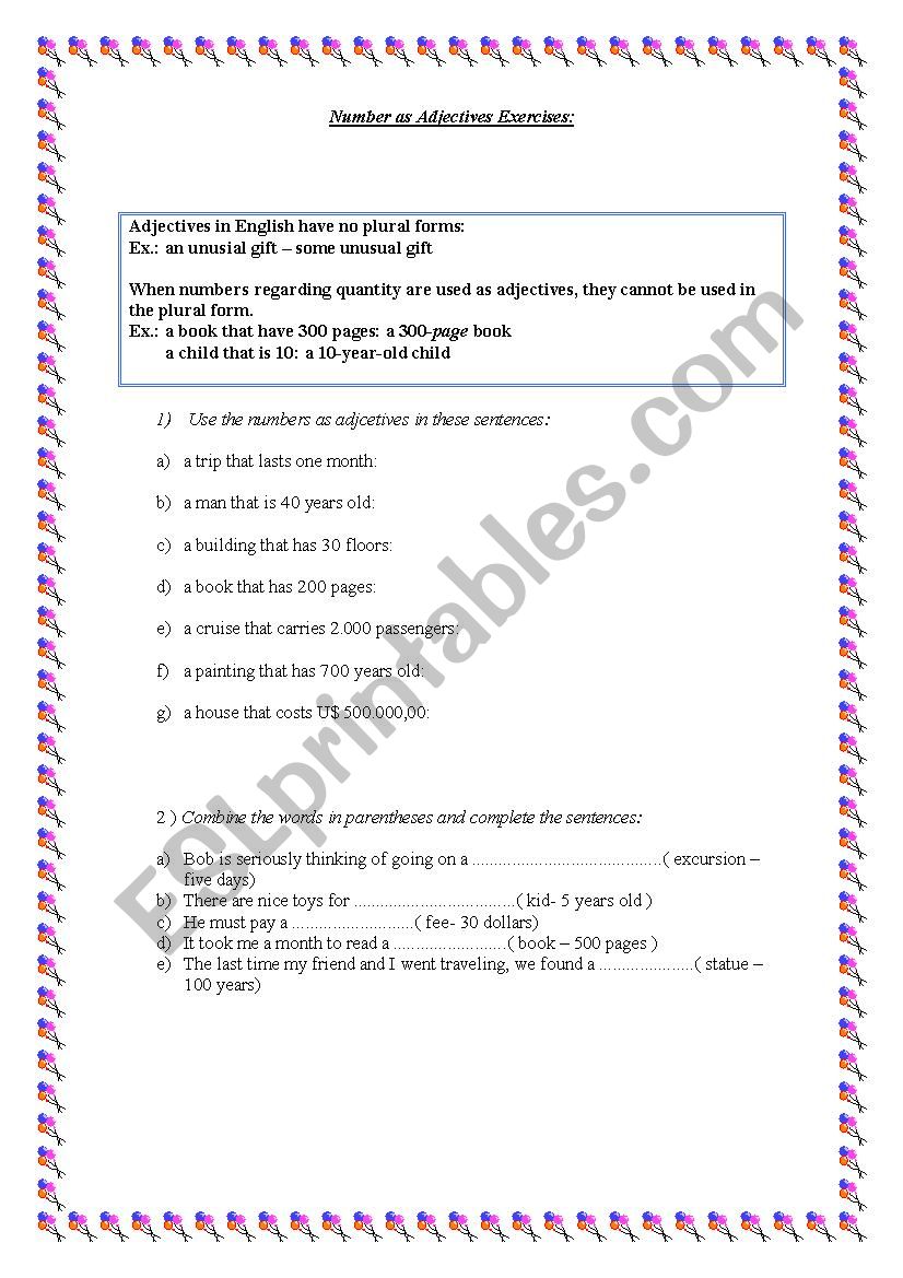 Numbers as Adjectives worksheet