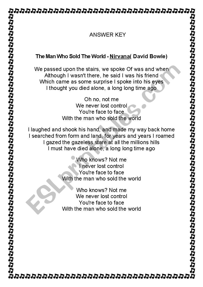 Song The man who sold the world worksheet