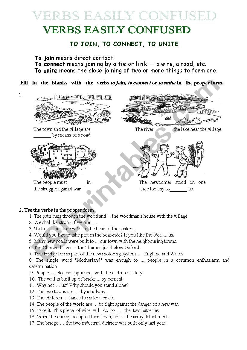 verbs easily confused to join, to connect, to unite