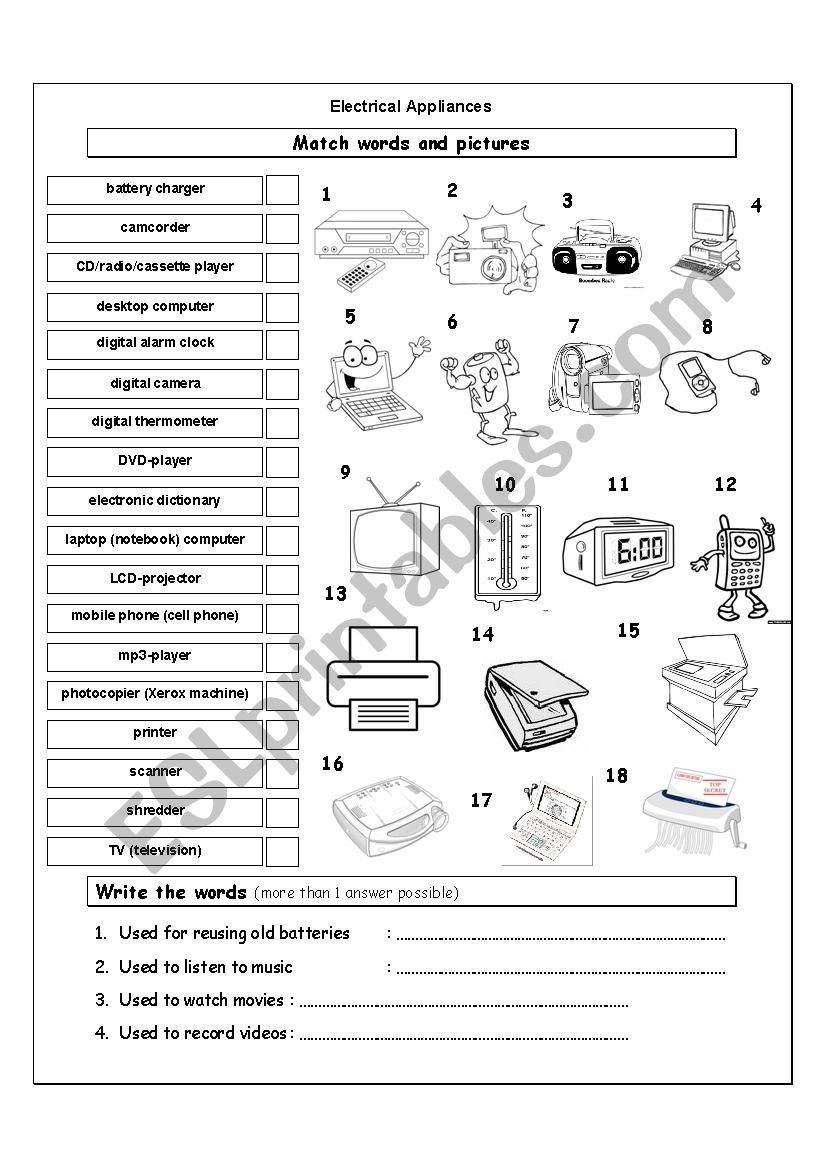 Electrical Appliances worksheet