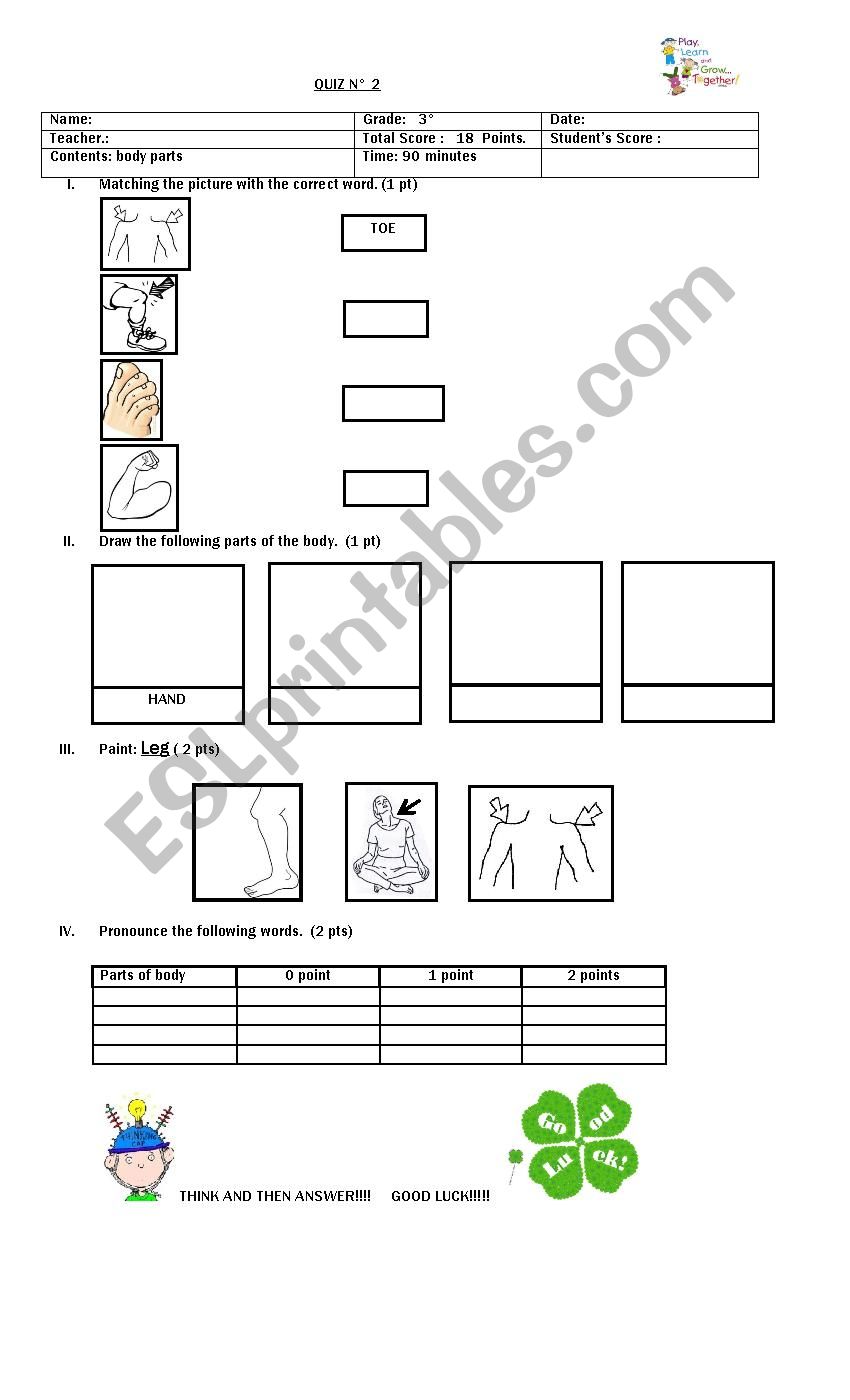 body parts test worksheet