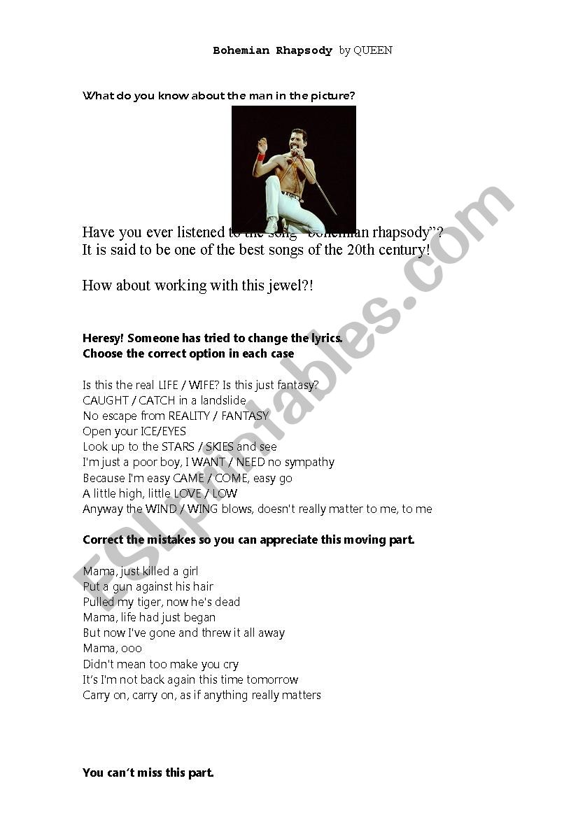 BOHEMIAN RHAPSODY worksheet