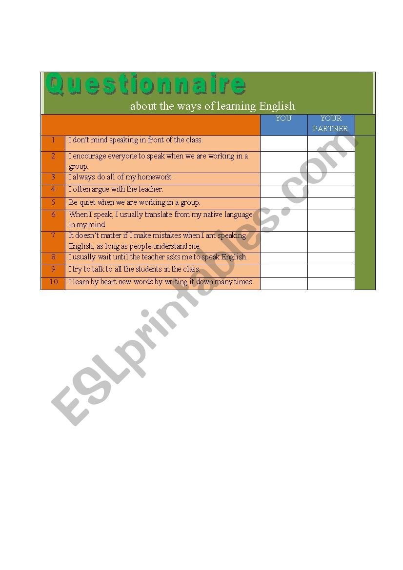 the ways of learning English worksheet