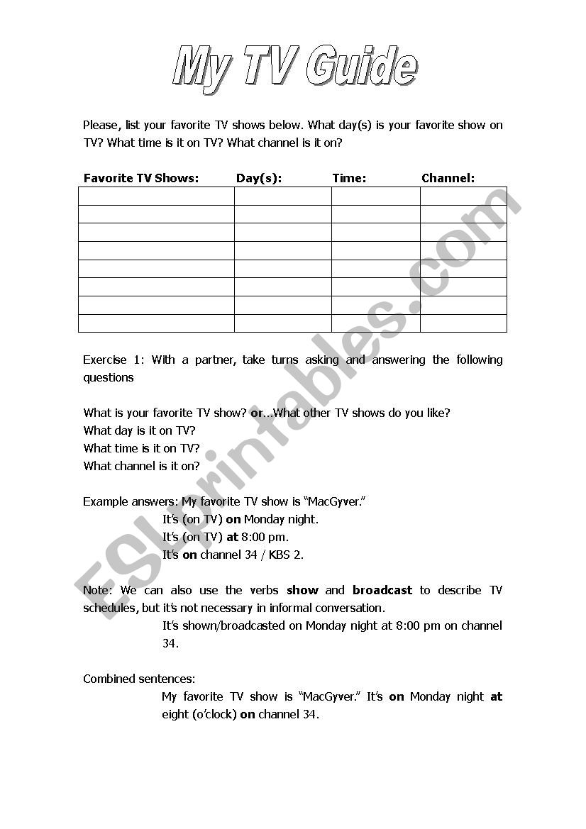 My TV Guide worksheet