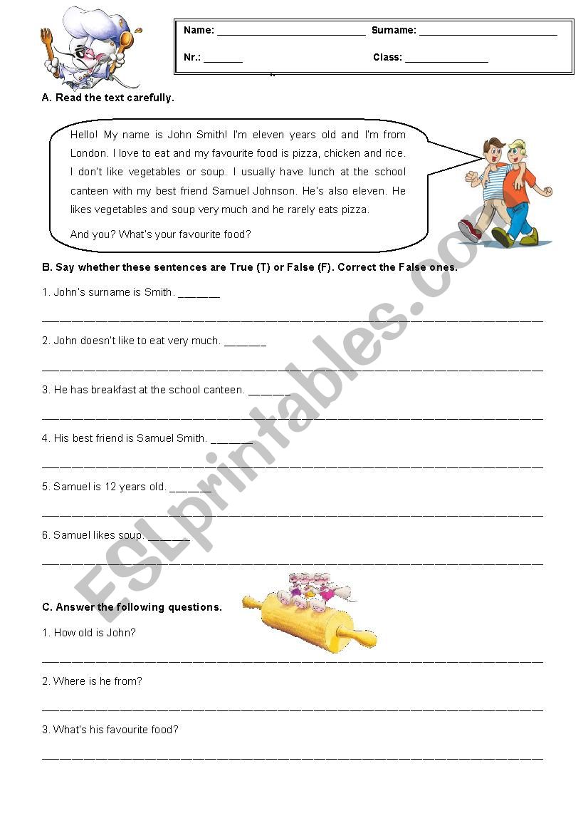 5th Grade Test about Food  worksheet