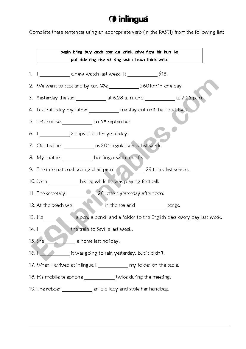 Past tense gap fill worksheet