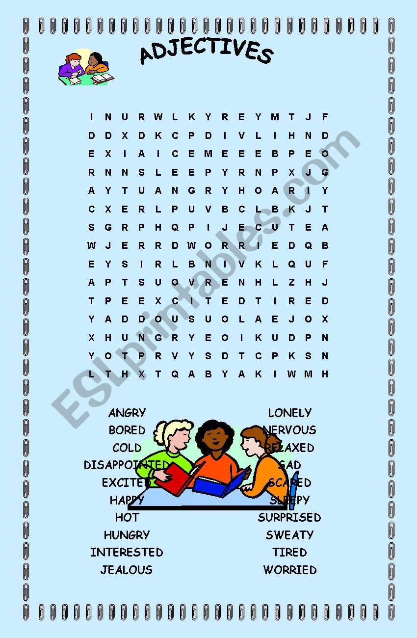 Wordsearch of feelings adjectives