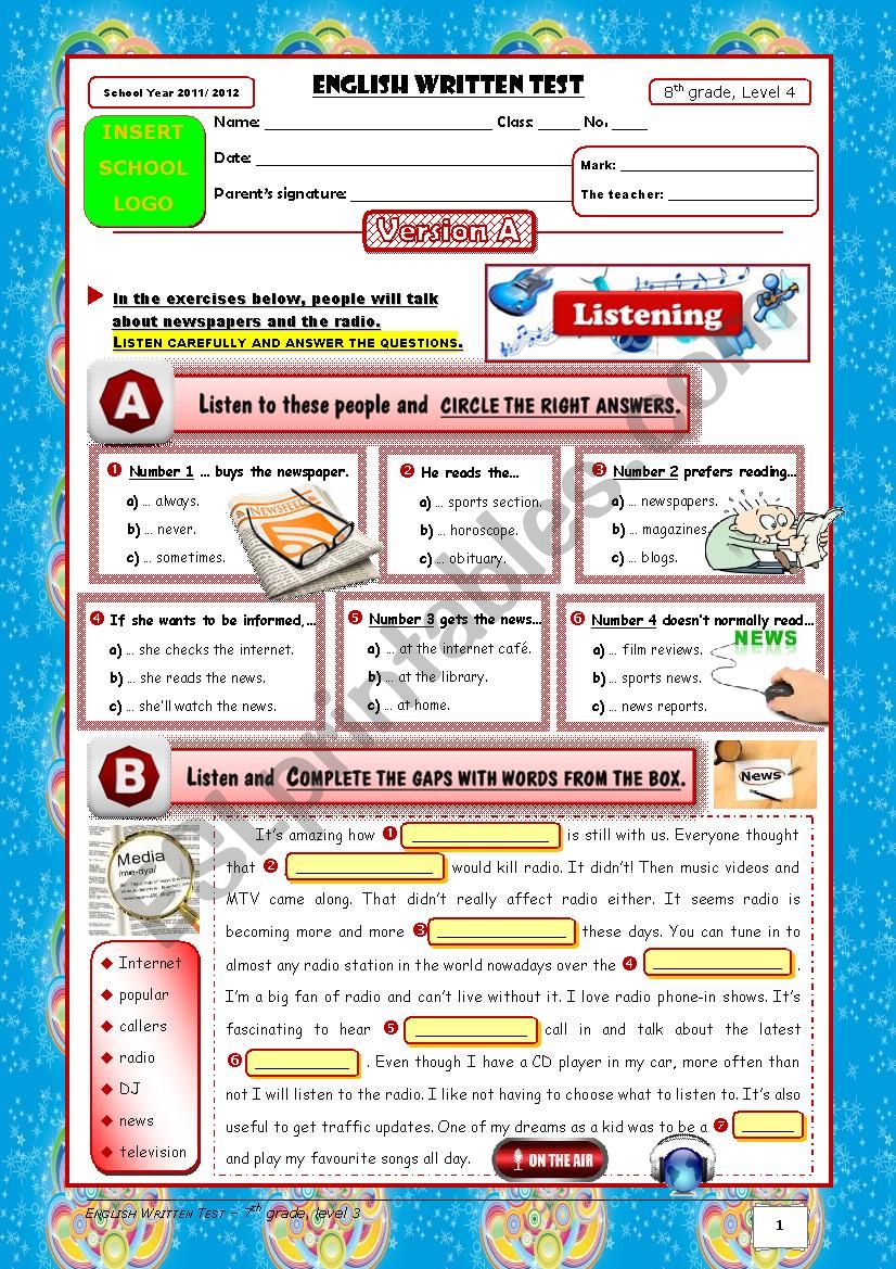 TEST Mass Media+Money+Conditionals (8th grade) 1/3