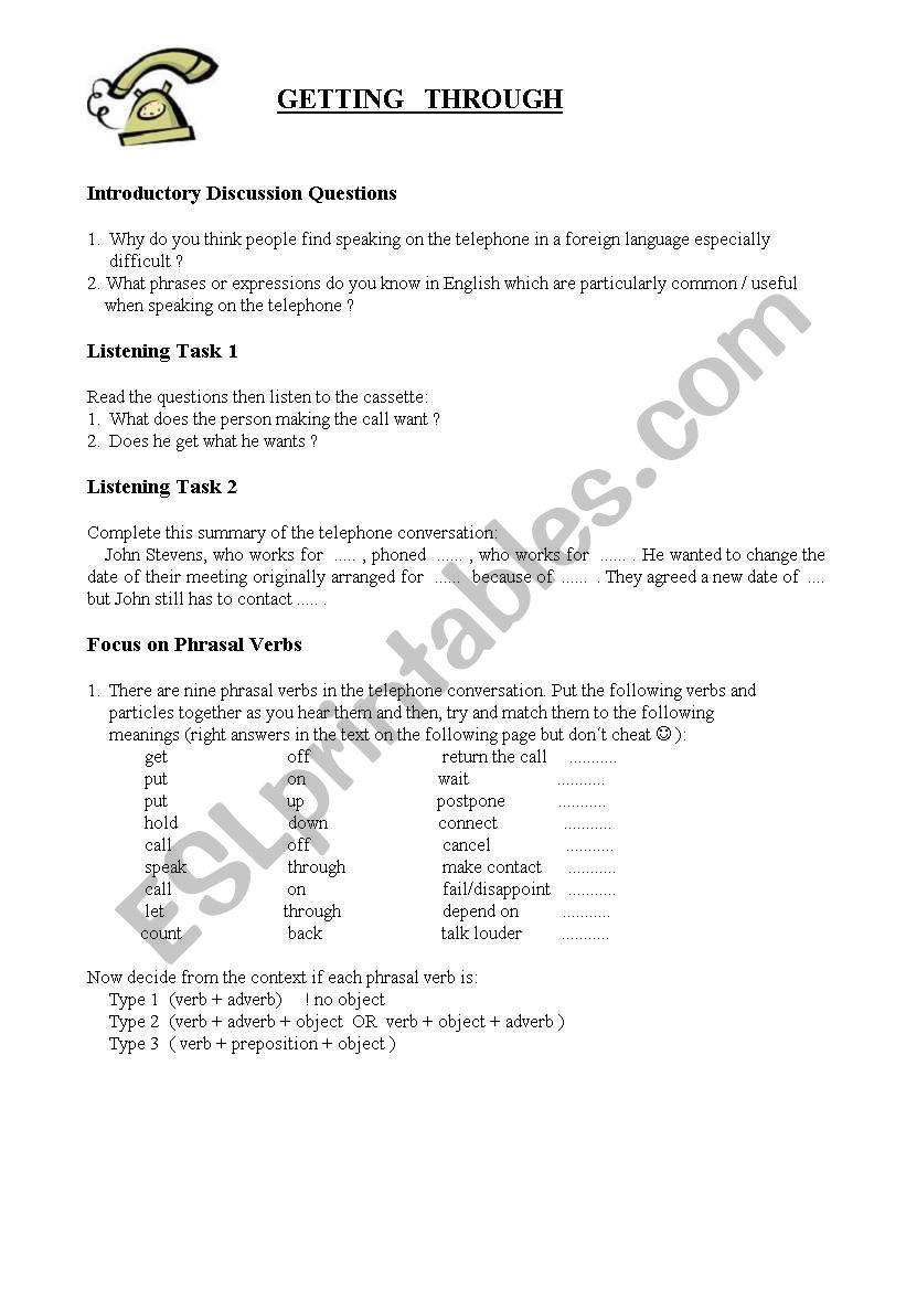 On the phone (Phrasal verbs) worksheet