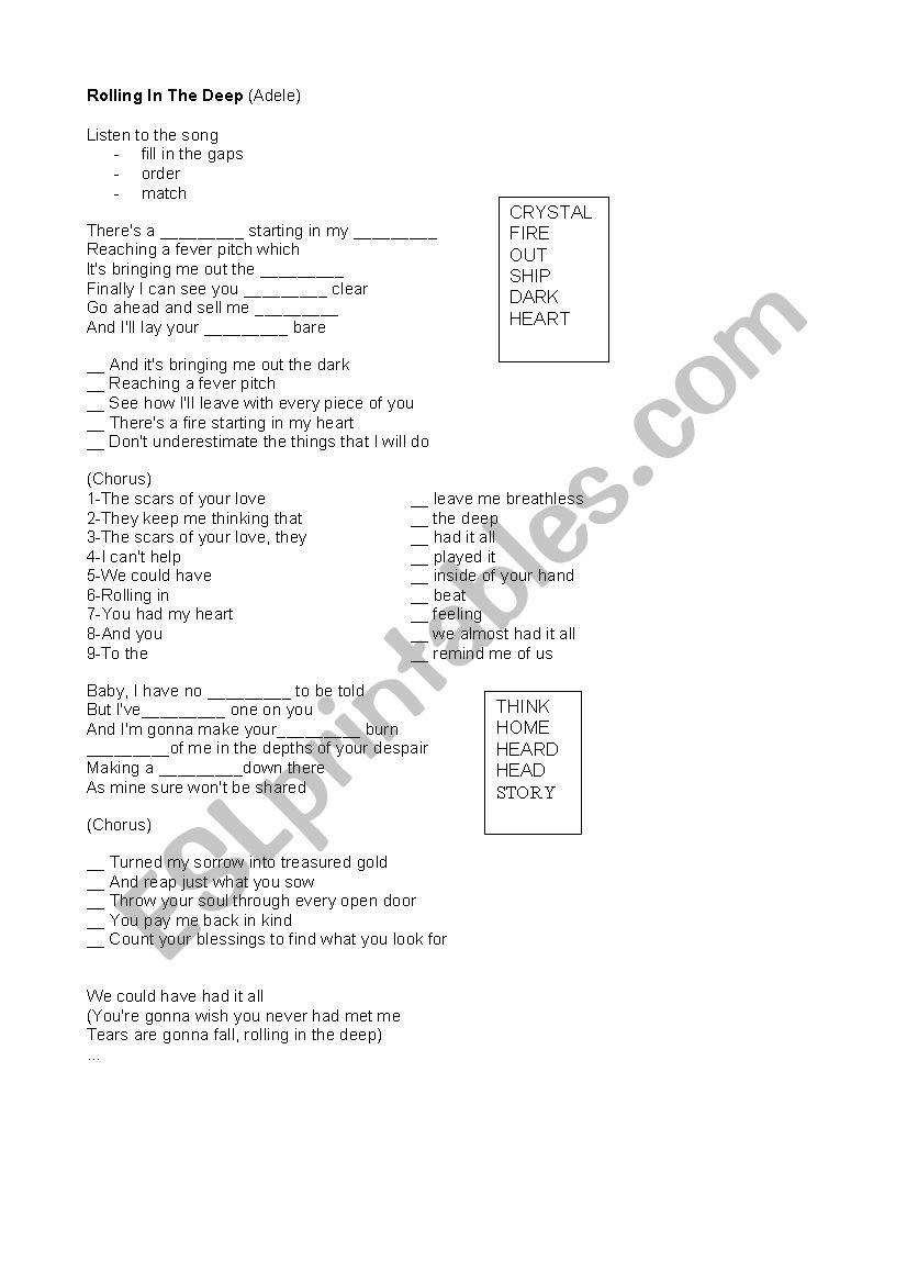 Adele - Rolling in hte Deep  worksheet