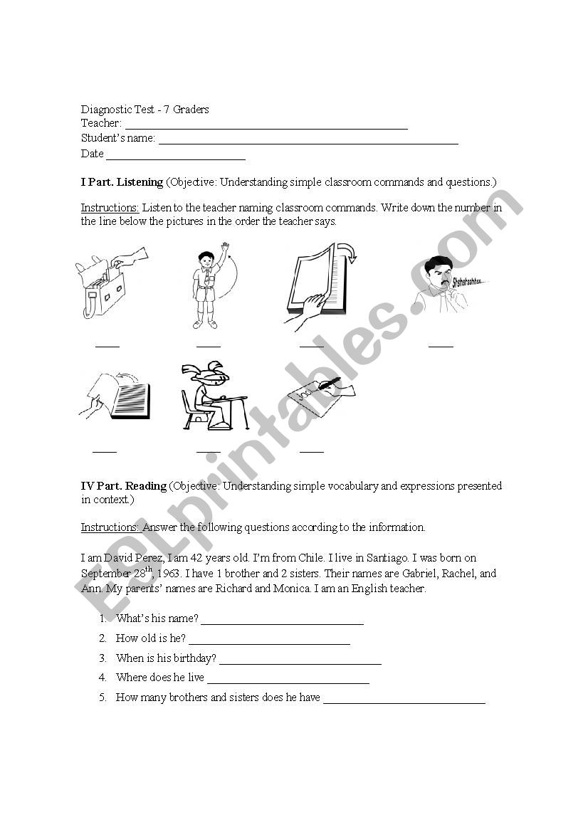 Diagnostic test for seven graders