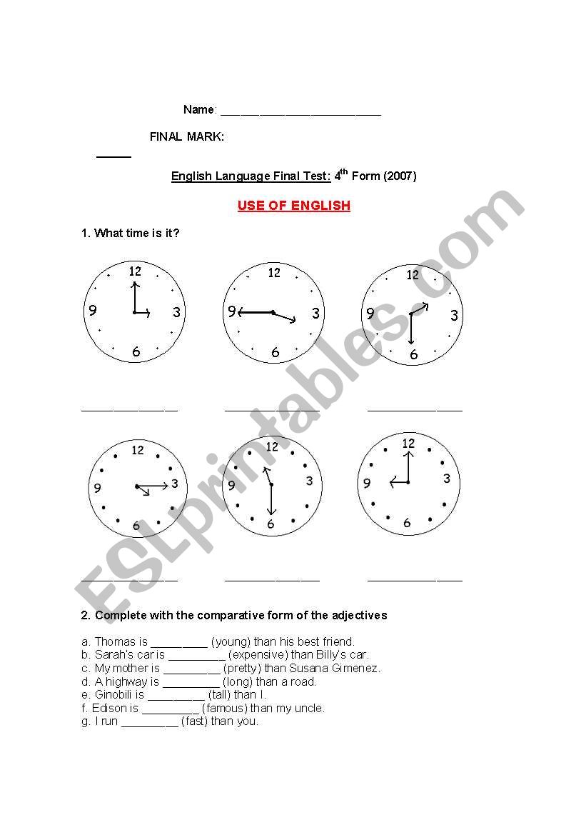 Final test worksheet