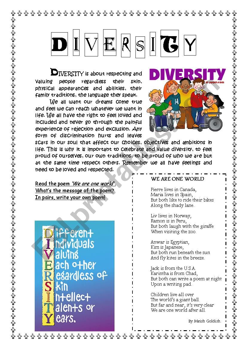 Diversity Worksheets - printable Worksheets, word lists and activities