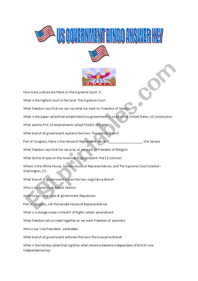 US Government Bingo Answer Key.. page 1