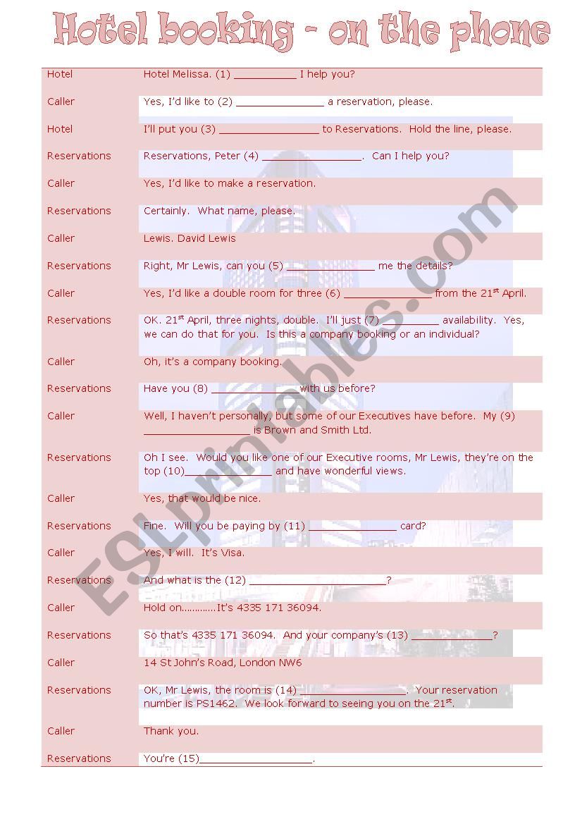 HOTEL BOOKING  worksheet