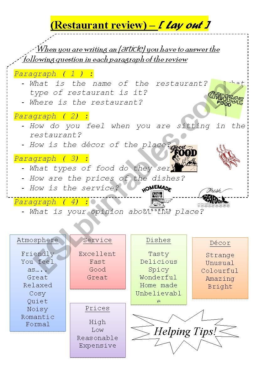 restaurant review layout ( for writing) - ESL worksheet by nashaider13