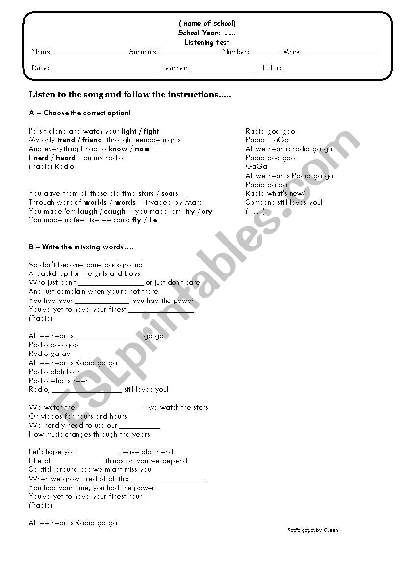 Song Radio GAga by Queen worksheet