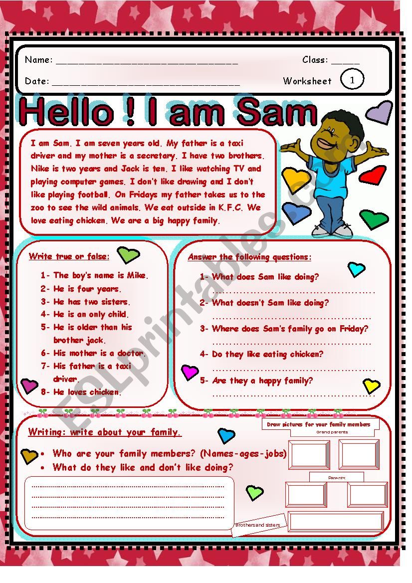 Hello! I am Sam. worksheet