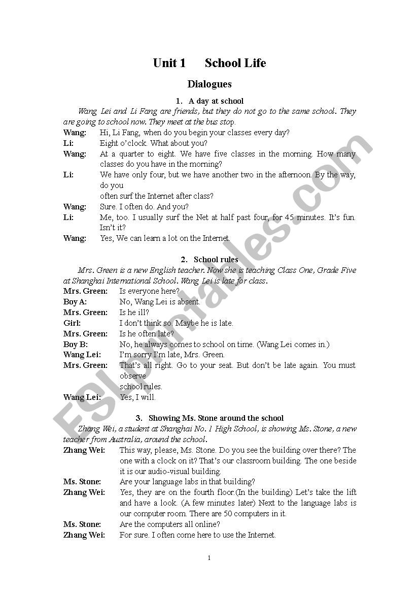 Dialogue:School Life worksheet