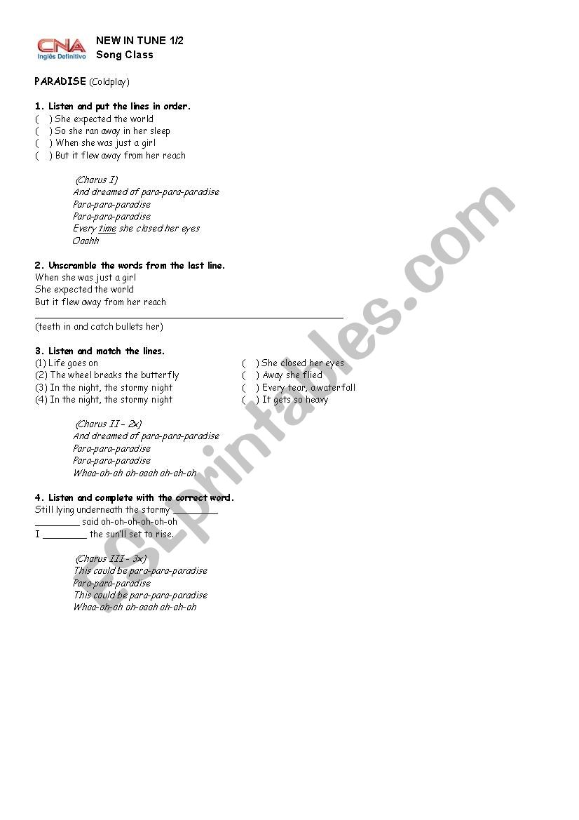 Song activity - PARADISE worksheet