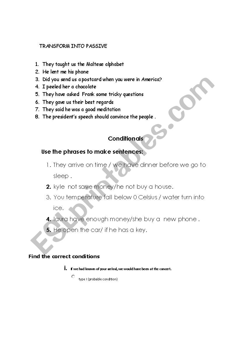 conditionals ,passive voice worksheet