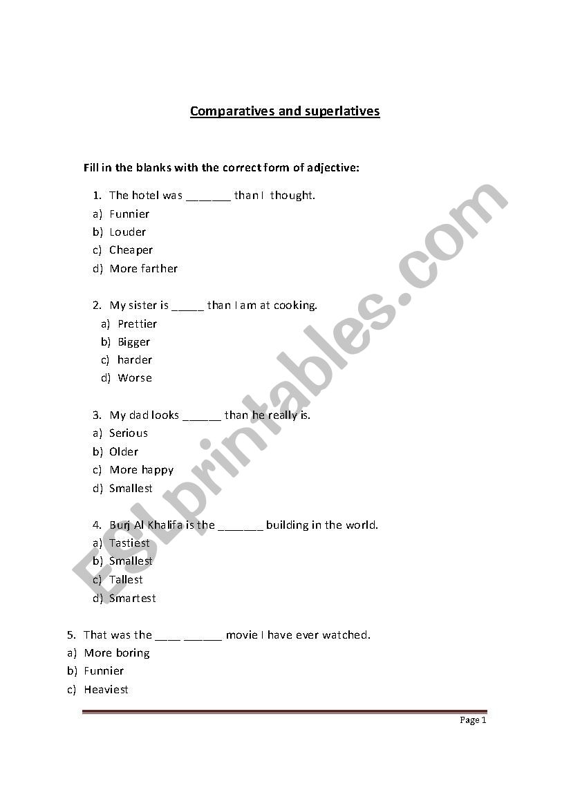 comparatives and superlatives worksheet