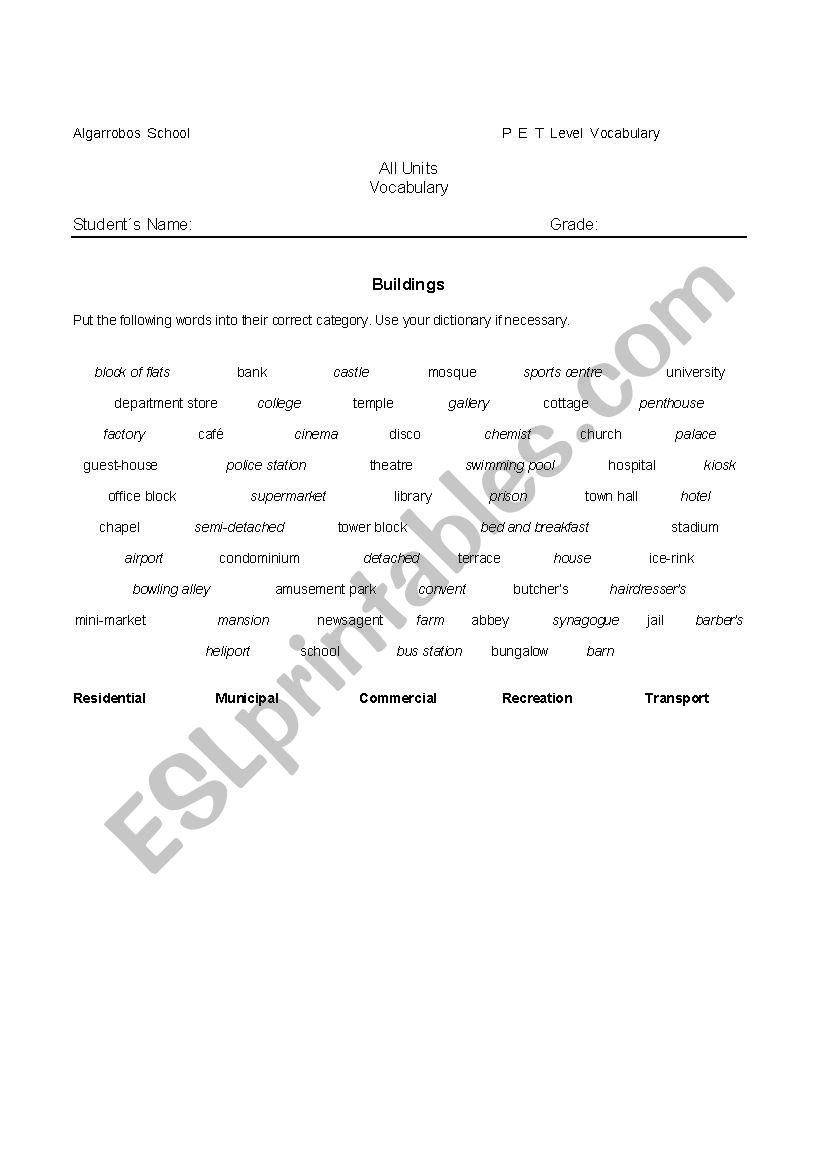 Vocabulary for PET worksheet