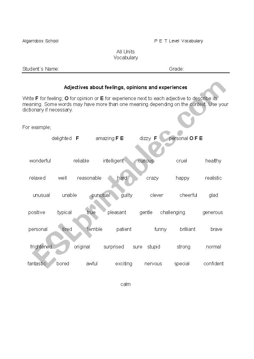 Vocabulary for PET level -  worksheet