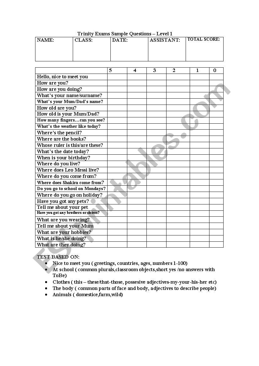 tRINITY EXAMS GRADE 1 SAMPLE QUESTIONS