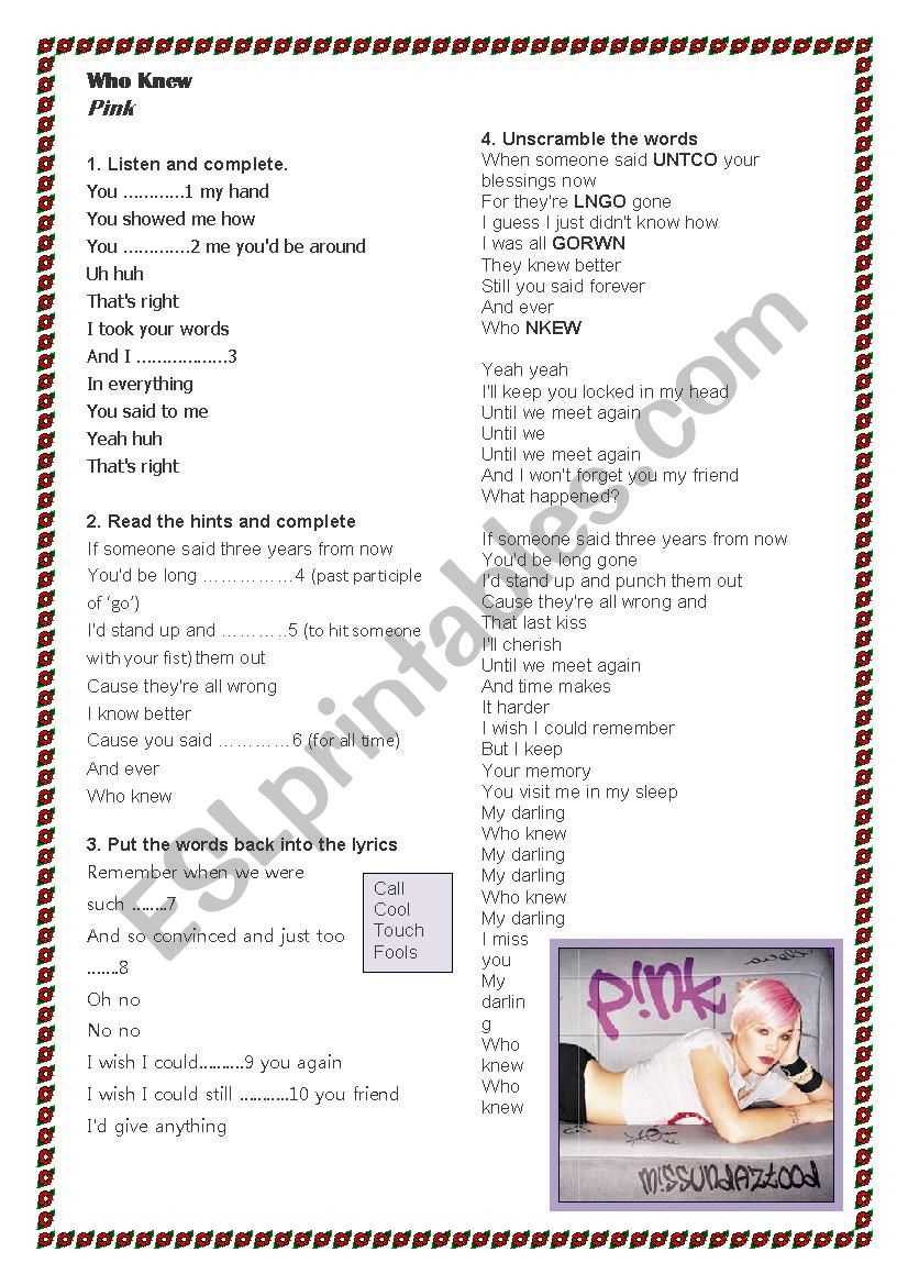Song: Who knew by Pink worksheet