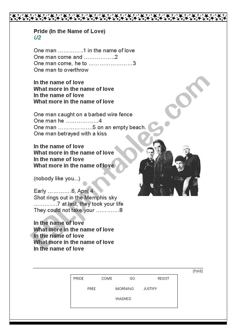Song: Pride by U2 worksheet