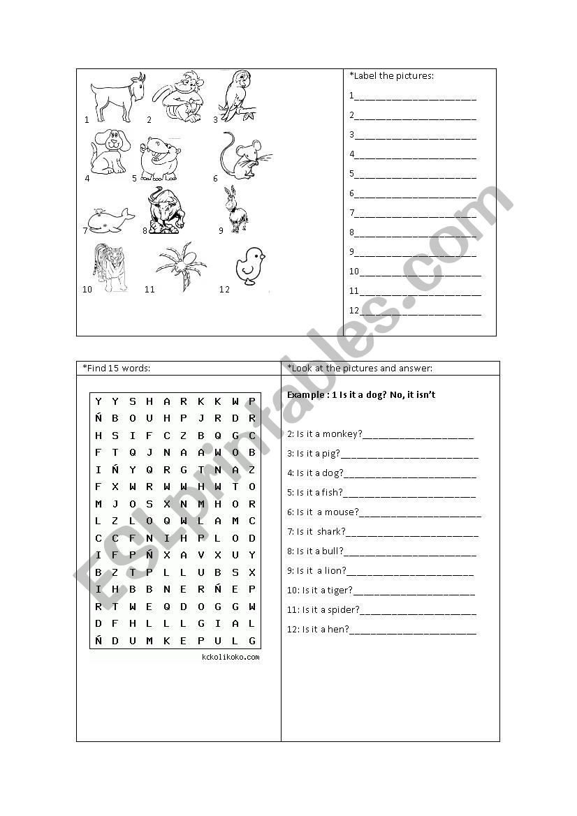 Animals Handout worksheet